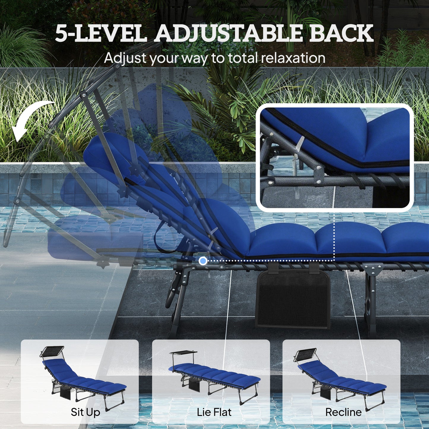 Folding Sun Lounger with Canopy, Reclining Sunbed with Cushion, Side Pocket, Carrying Handle, Dark Blue
