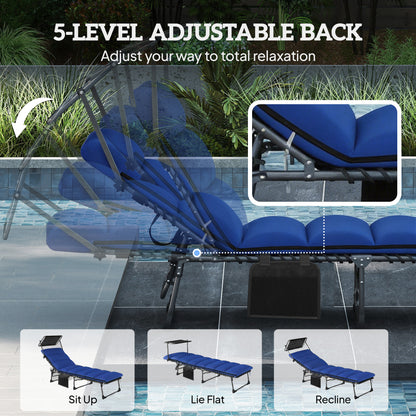 Folding Sun Lounger with Canopy, Reclining Sunbed with Cushion, Side Pocket, Carrying Handle, Dark Blue