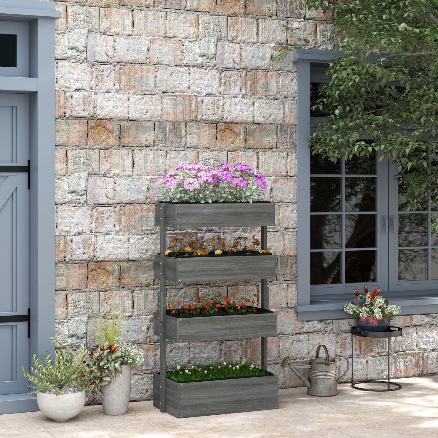 Four-Tier Basket Wooden Plant Stand - Grey