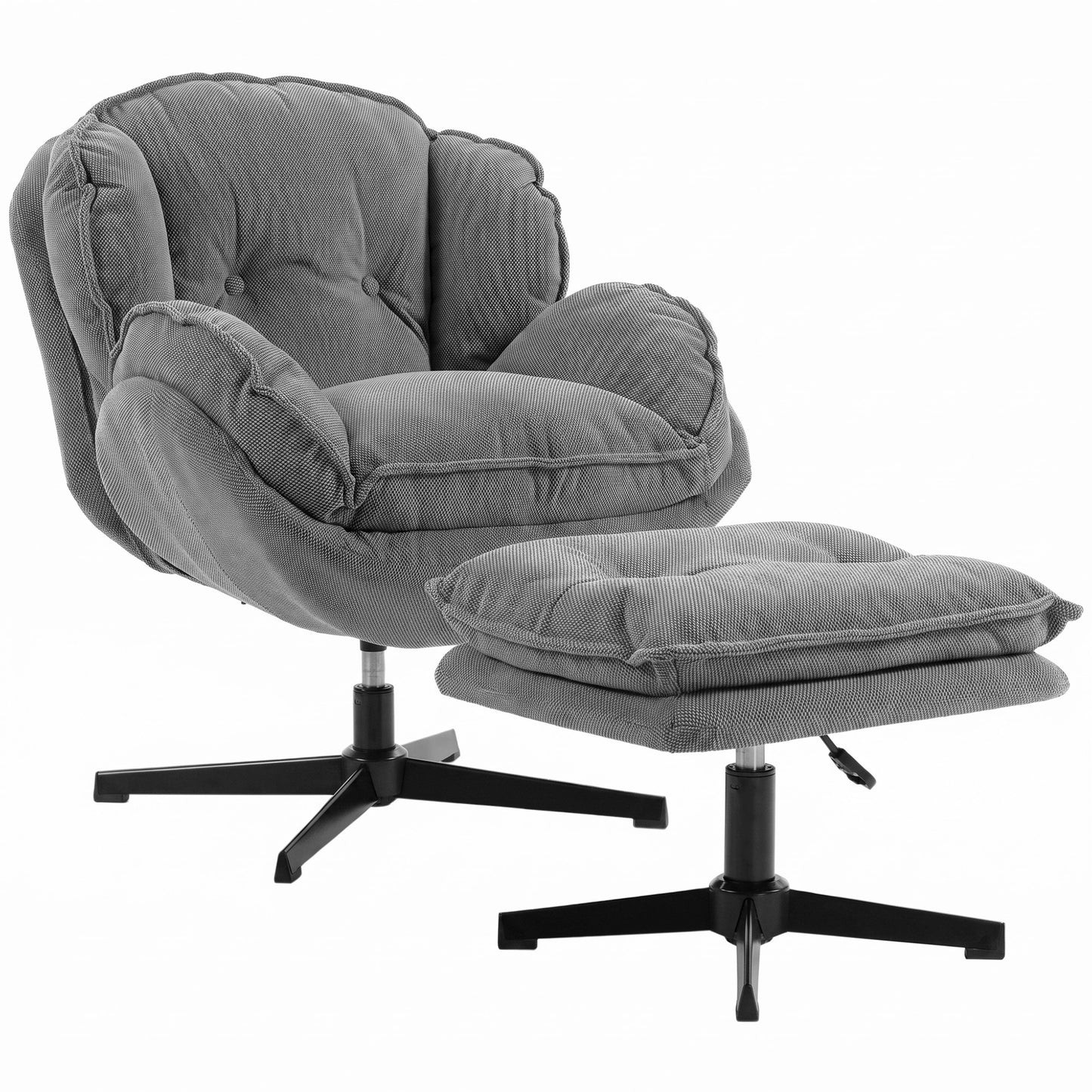 Armchair with Adjustable Footstool, 360° Swivel Chenille Cloud Accent Chair with Thick Cushion, Steel Base, Grey