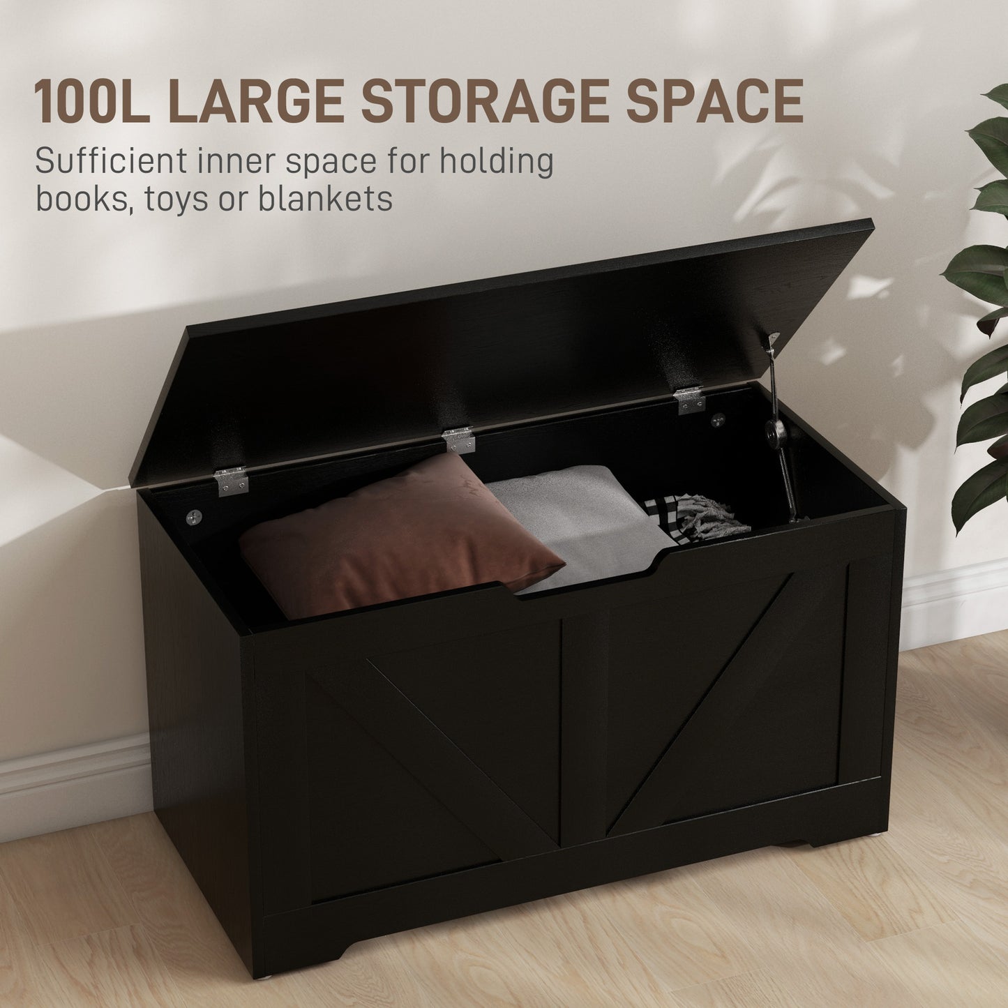 100L Home Storage Box, with Safety Hinge - Black Wood-Effect
