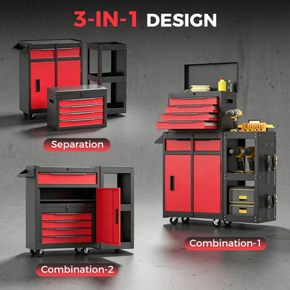 Tool Chest, Mobile Modular Tool Box with 5 Drawers, Side Rack, Pegboard, Lock, Tool Cabinet for Garage Workshop, Red