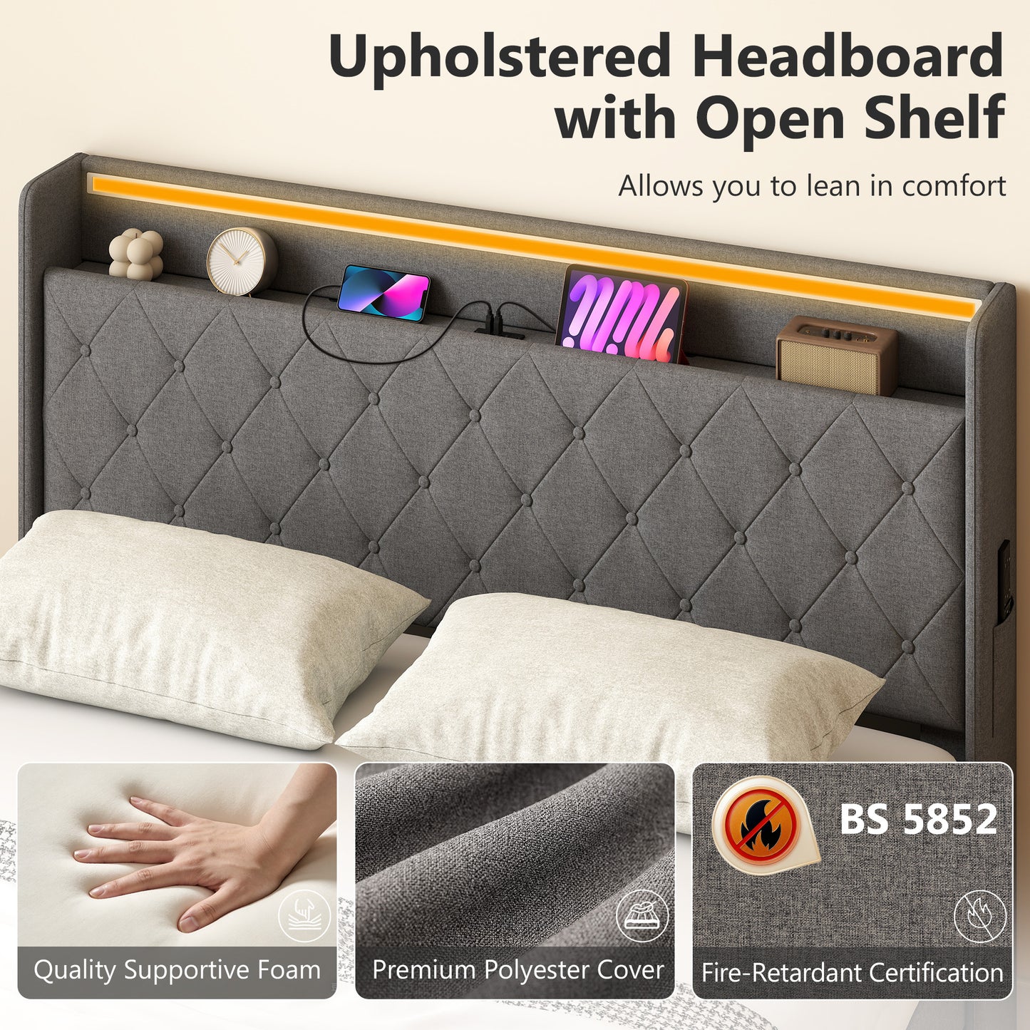 5ft King Bed Frame with Headboard, Platform Bed Frame with Hydraulic Storage, LED Lights and Charging Station, Grey