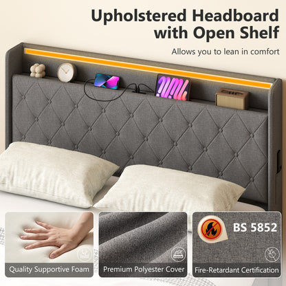 5ft King Bed Frame with Headboard, Platform Bed Frame with Hydraulic Storage, LED Lights and Charging Station, Grey