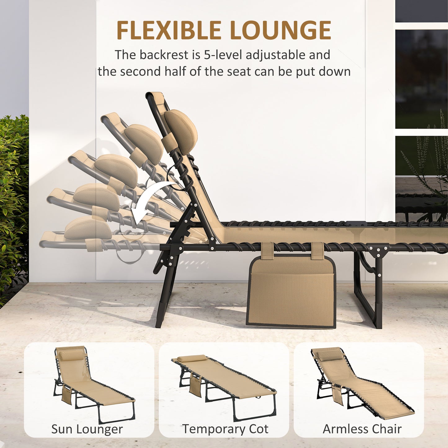 Portable Sun Lounger, Folding Camping Bed Cot, Reclining Lounge Chair 5-position Adjustable Backrest with Side Pocket