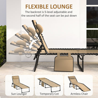 Portable Sun Lounger, Folding Camping Bed Cot, Reclining Lounge Chair 5-position Adjustable Backrest with Side Pocket