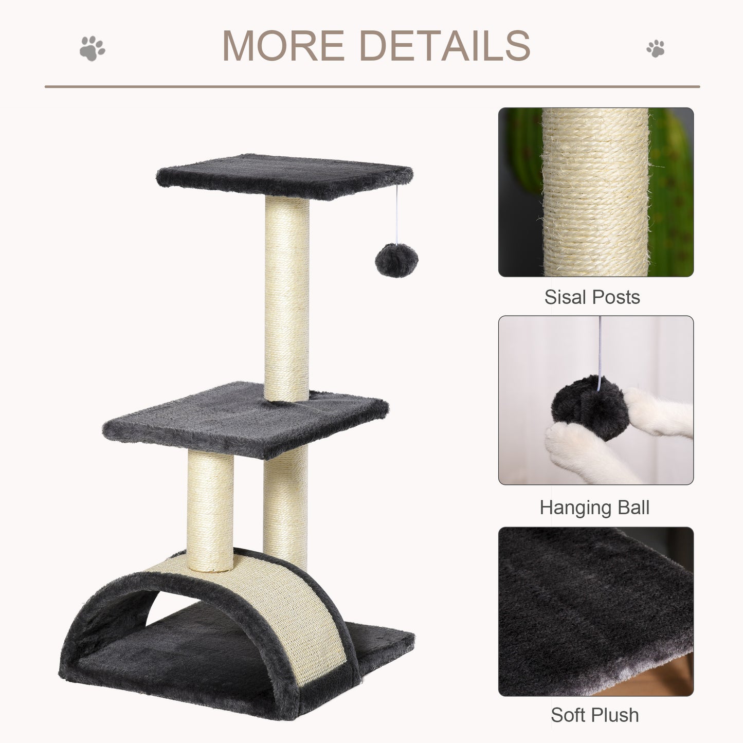 72cm Cat Tree with Scratching Post, Pad for Indoor Cats - Smoky Grey