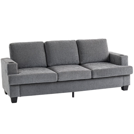 3 Seater Sofa with USB Ports & Cup Holders - Grey