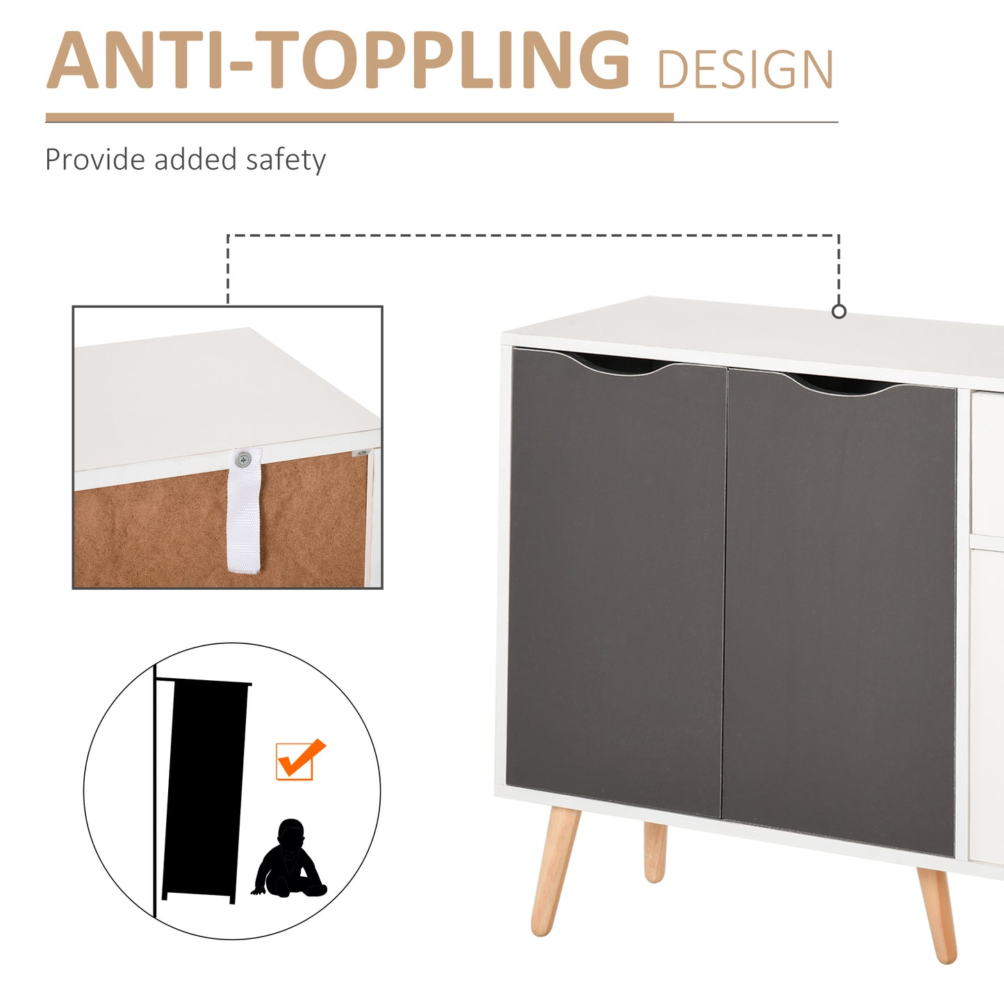 Sideboard Floor Standing Storage Cabinet with Drawer and Solid Wood Legs for Bedroom, Living Room, Home Office, Grey