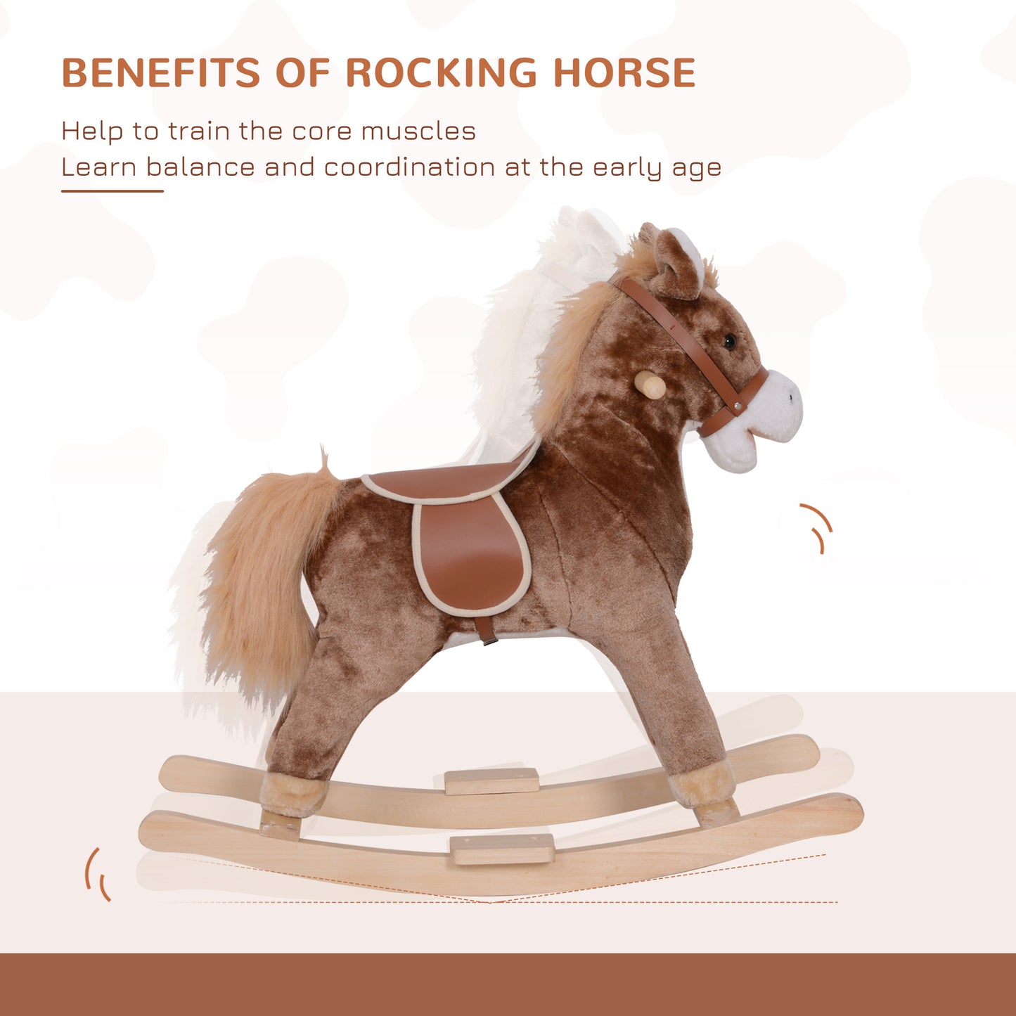 Kids Children Plush Rocking Horse Wooden Base Ride On Toy Rocker with Handle Grip Traditional Toy Fun Gift for Age 3+ (Brown