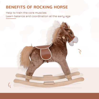 Kids Children Plush Rocking Horse Wooden Base Ride On Toy Rocker with Handle Grip Traditional Toy Fun Gift for Age 3+ (Brown