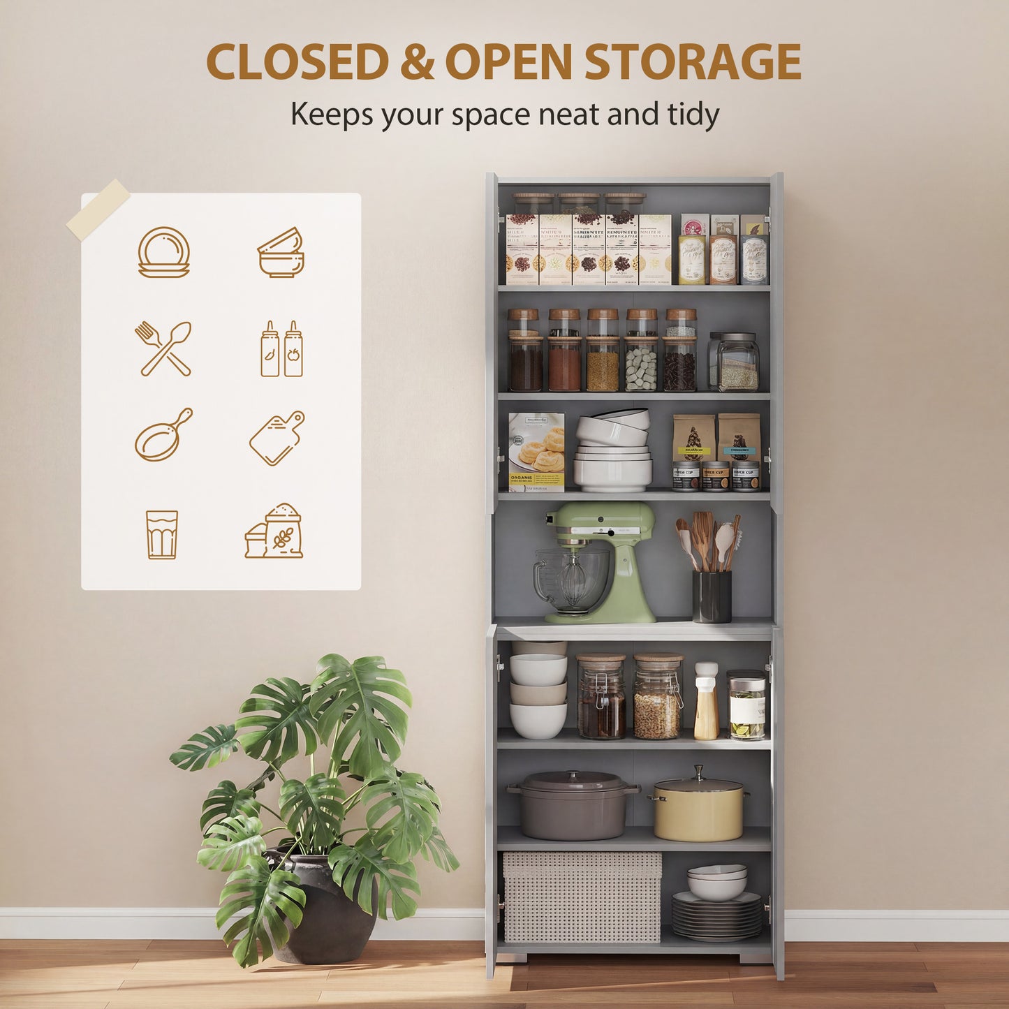 180 cm Tall Kitchen Cupboard, Pantry Storage Cabinet with Soft Close Doors and Adjustable Shelves, High Gloss Grey