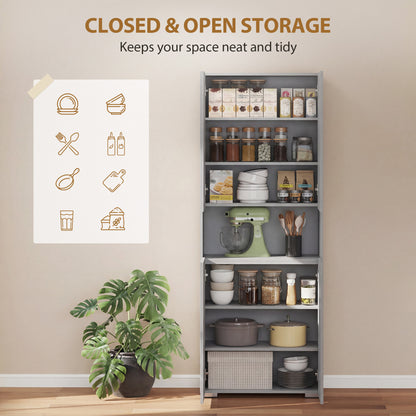 180 cm Tall Kitchen Cupboard, Pantry Storage Cabinet with Soft Close Doors and Adjustable Shelves, High Gloss Grey