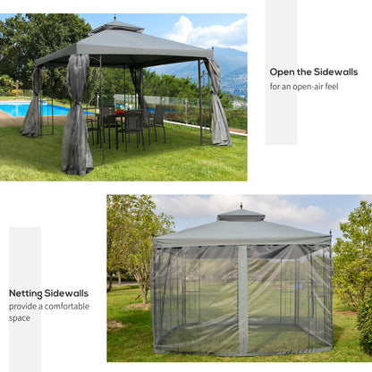 3(M)x3(M) Garden Gazebo Double Top Outdoor Canopy Patio Event Party Wedding Tent Backyard Sun Shade with Netting - Grey