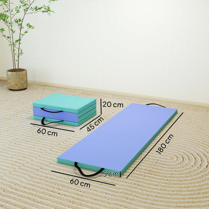 Foldable Gymnastics Mat, 6 ft Long & Four Folding Thick Exercise Tumbling Mat with Carrying Handles, Green & Purple