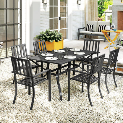 7 Pieces Garden Table and Chairs 6 Seater Outdoor Table and Chairs with Umbrella Hole, for Poolside, Garden, Black