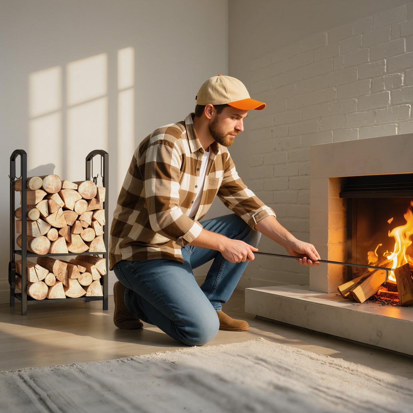 Metal Firewood Log Holder 2 Layer Firewood Rack Indoor Outdoor Fireplace Wood Storage Shelf with 4 Tools and Hooks, Black