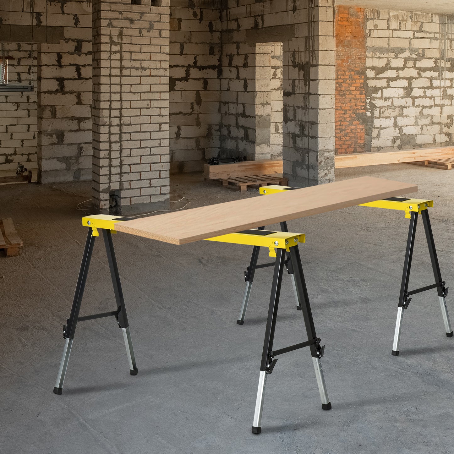 2PCS Saw Horse Twin Pack Folding Workbench Adjustable Metal Trestle Stands with Non-slip EVA Surface for Sawing Work Max Load