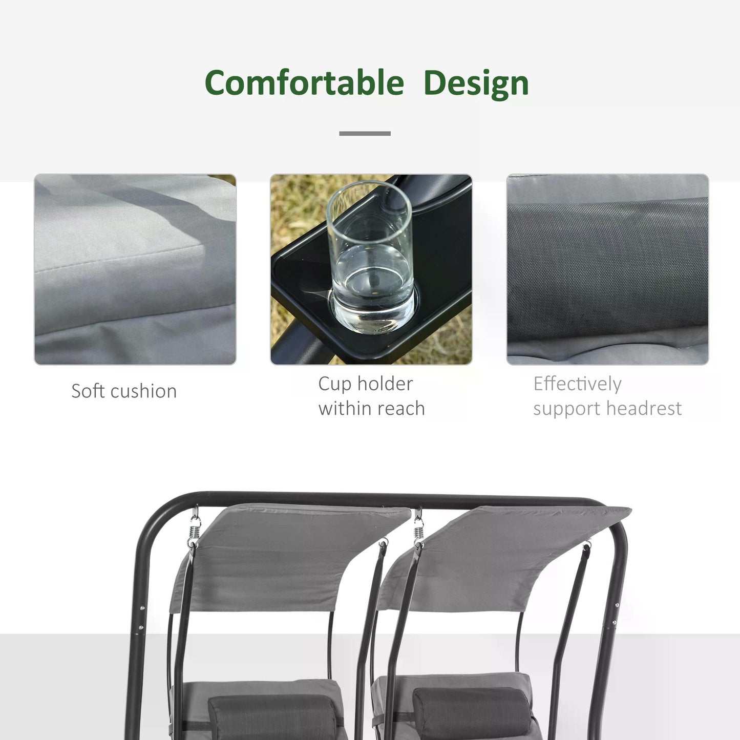 Canopy Swing 2 Separate Relax Chairs w/ Handrails and Removable Canopy Grey