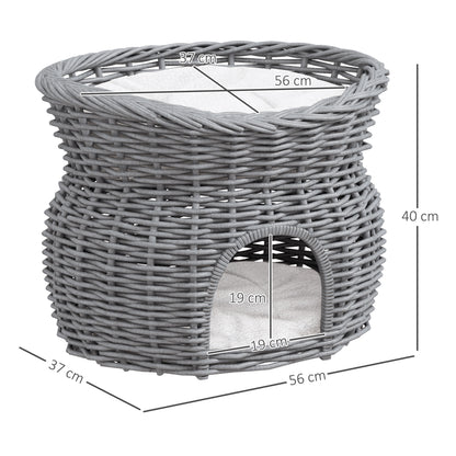2-Tier Wicker Cat House Elevated Pet Bed Basket Willow Kitten Tower Pet Den. with Washable Cushions 56x37x40cm Grey