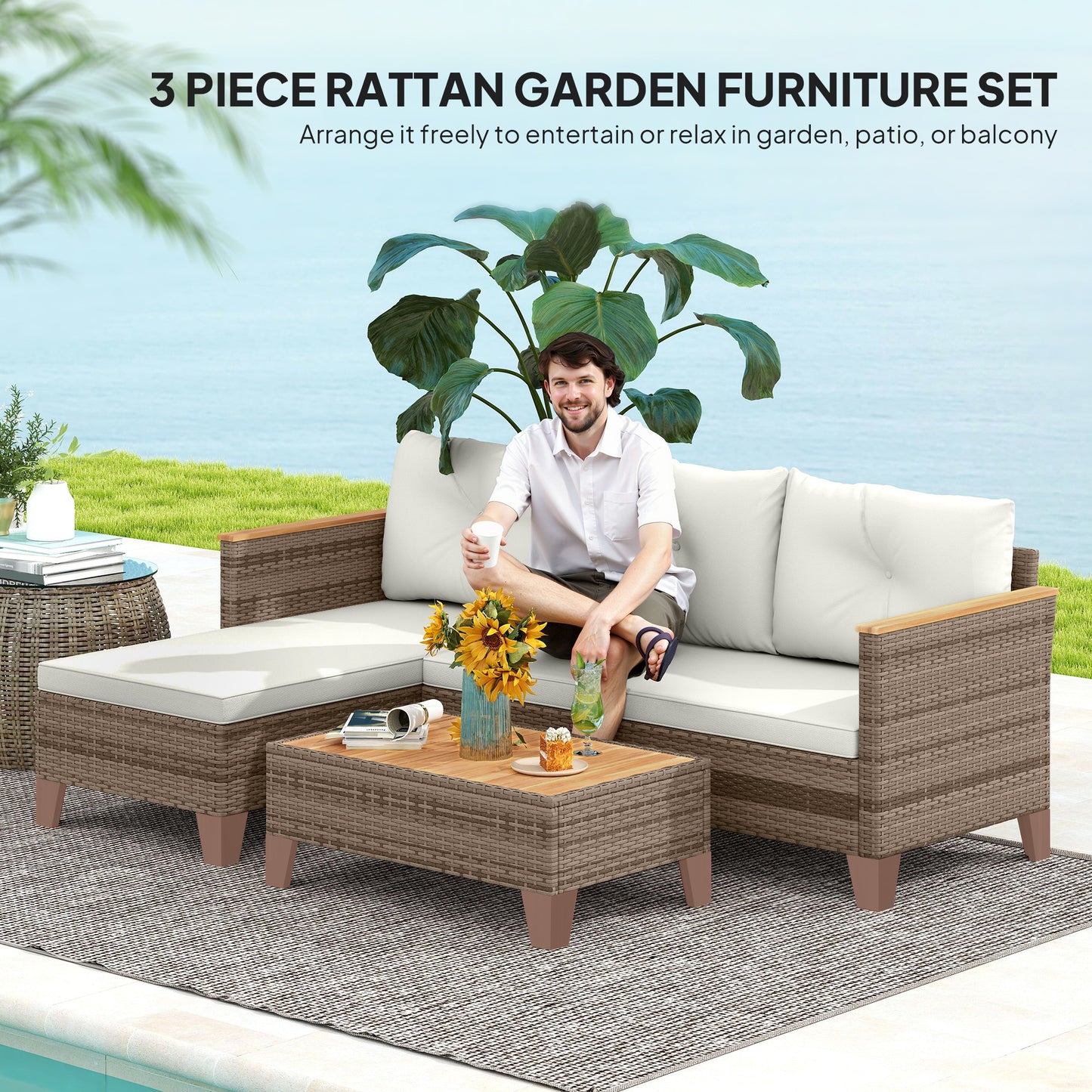 3 Pieces Rattan Garden Furniture Set, L Shaped Garden Conversation Chaise Lounge Furniture