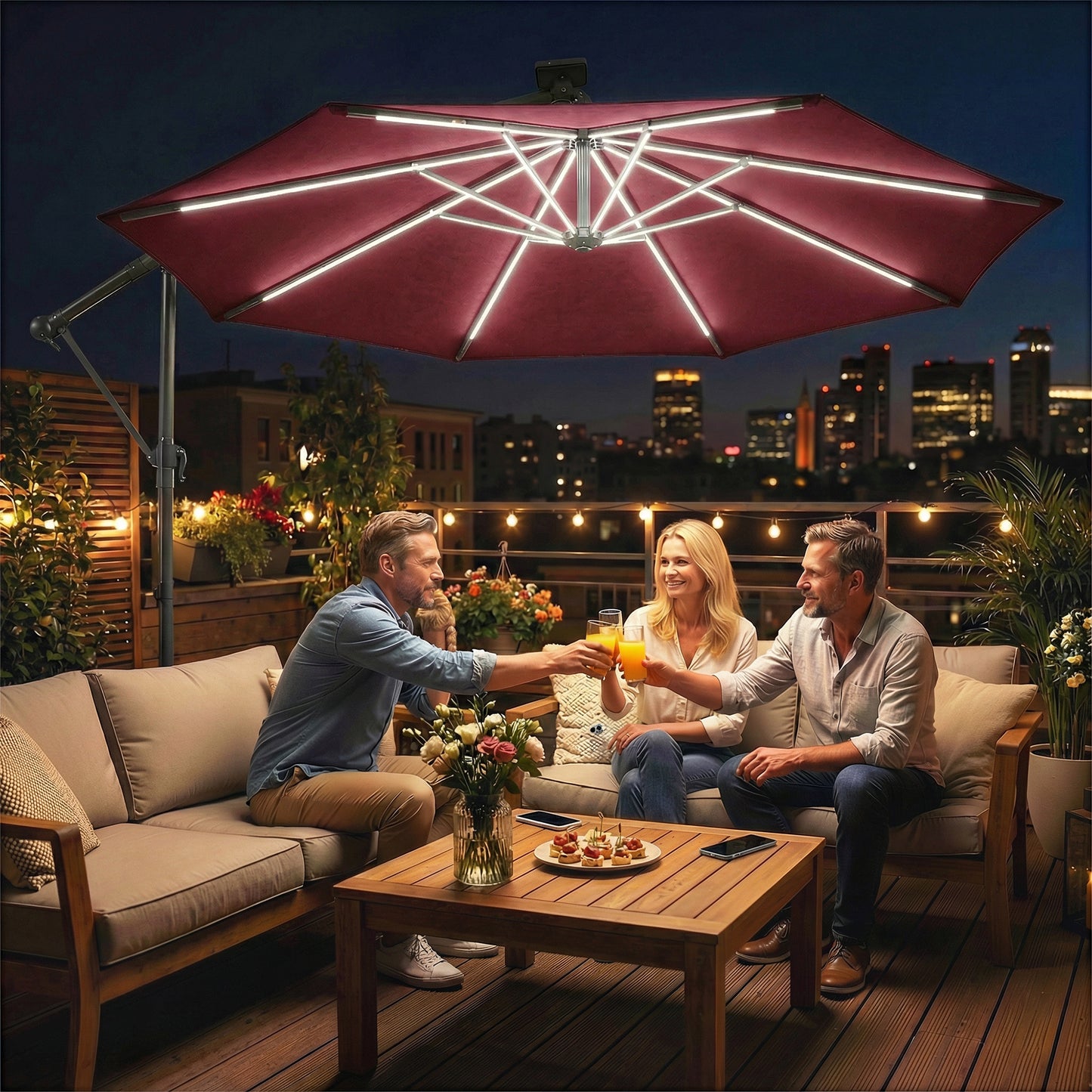 3 m Garden Cantilever Parasol with LED Solar Light, Round Overhanging Umbrella with 360° Rotation, Cover, Wine Red