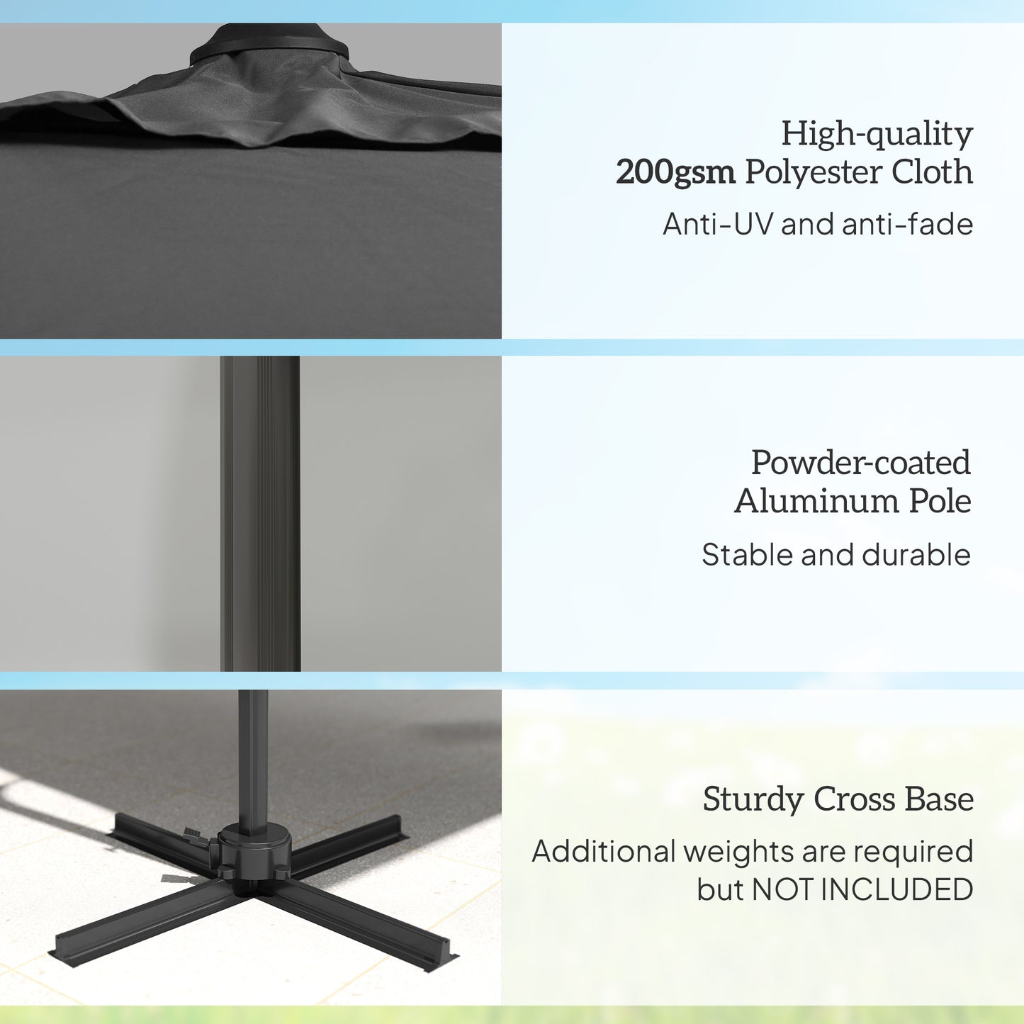Patio Offset Parasol Umbrella with UV Resistant, Cross Base Included, Weights Required - Dark Grey