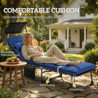 Folding Sun Lounger with Canopy, Reclining Sunbed with Cushion, Side Pocket, Carrying Handle, Dark Blue