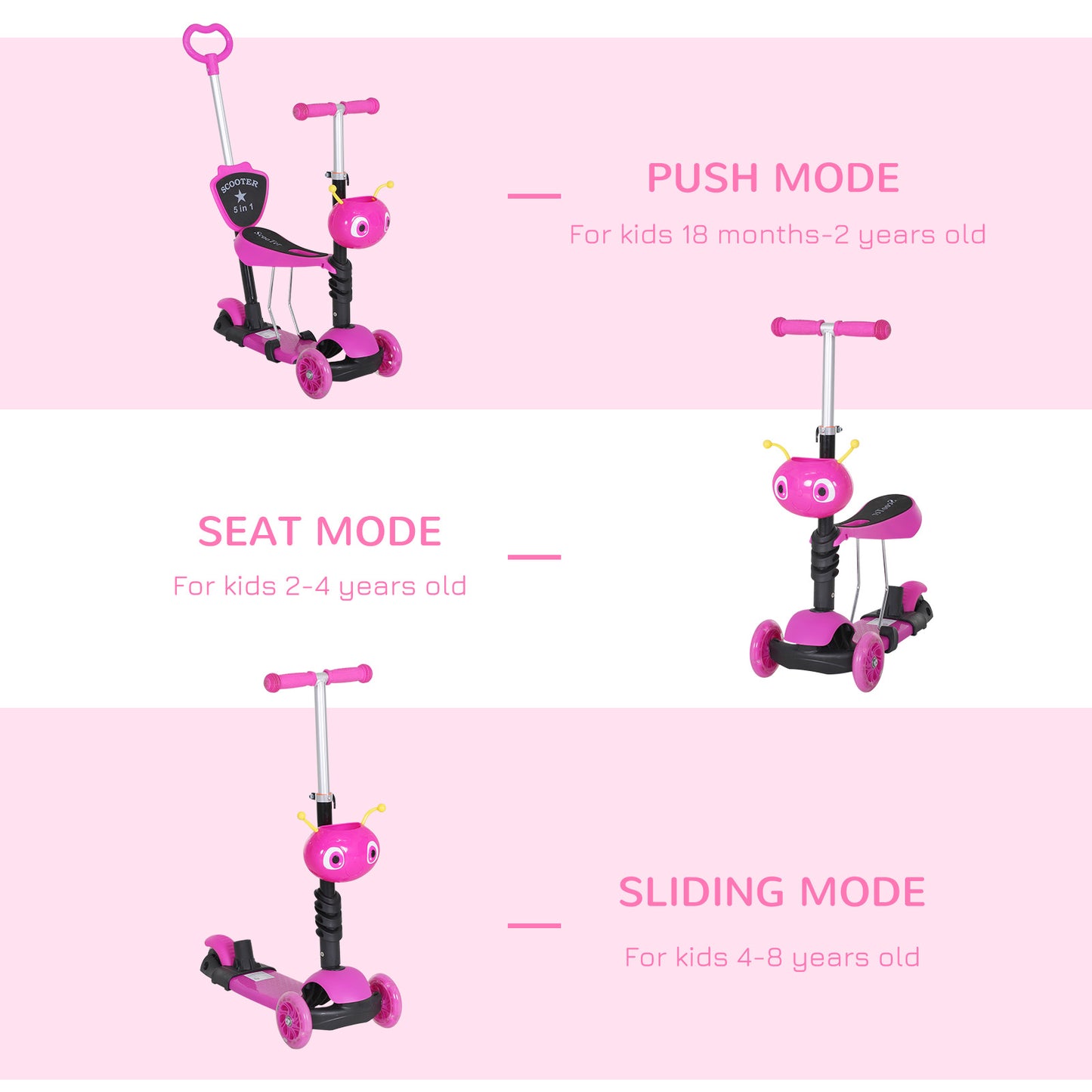 Adjustable Kids Toddler Scooter, with Removable Seat, Back Handle, Pink