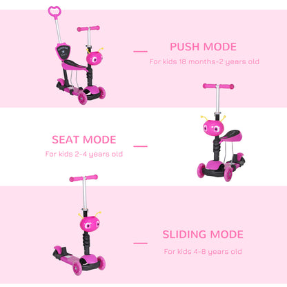 Adjustable Kids Toddler Scooter, with Removable Seat, Back Handle, Pink