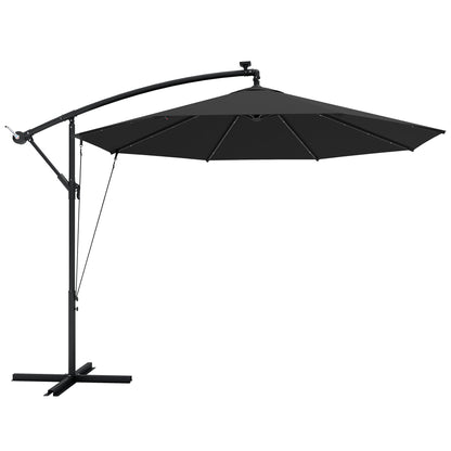 3 m Cantilever Parasol with Solar LED Lights Garden Umbrella with Cross Base, Black