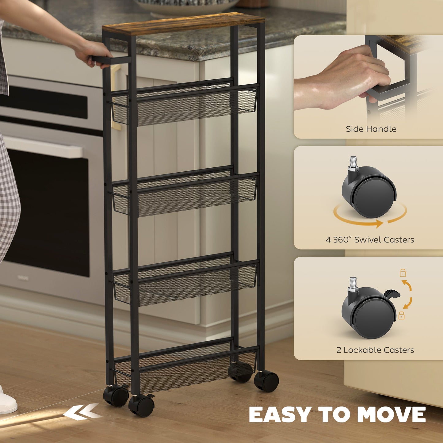 Slim Storage Trolley, 5-Tier Kitchen Cart on Wheels with Wood-effect Top, Handle for Living Room, Bathroom, Black