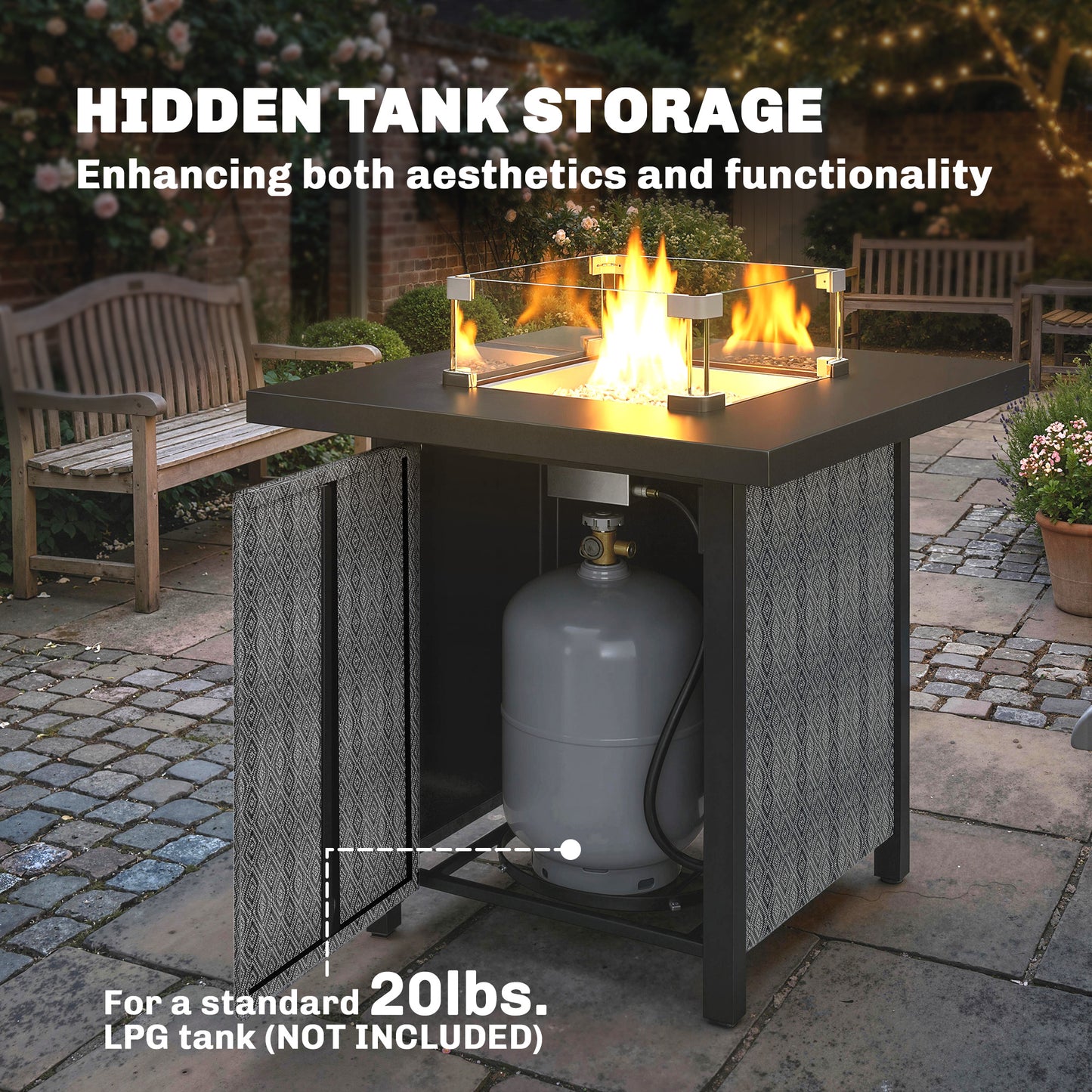 Propane Gas Fire Pit Table for Garden, 11.7 KW Smokeless Firepit Outdoor Heater with Wind Guard, Glass Rocks, Lid, Black