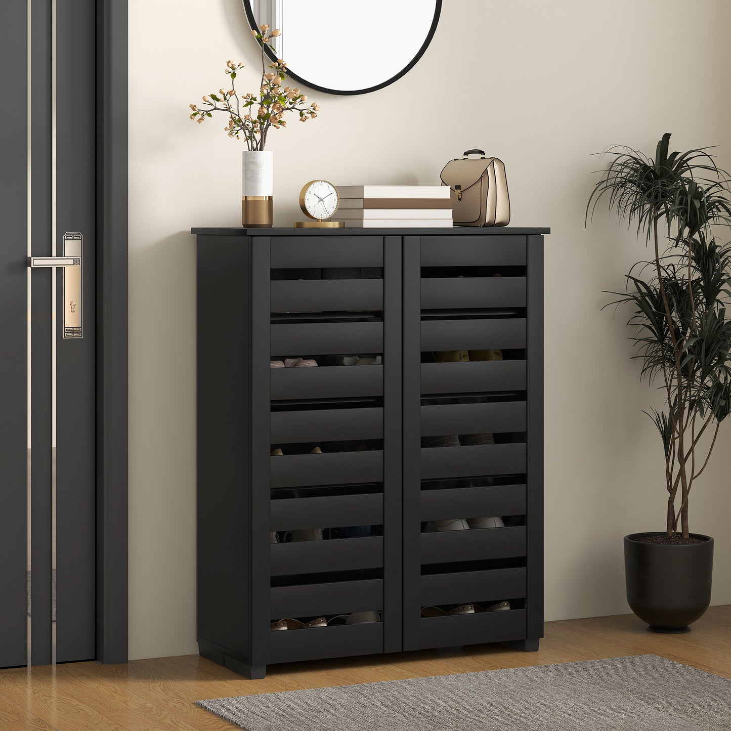 Narrow Shoe Cabinet for Entryway, 5-Tier Slim Shoe Storage Cabinet with 2 Slatted Doors and Adjustable Shelves