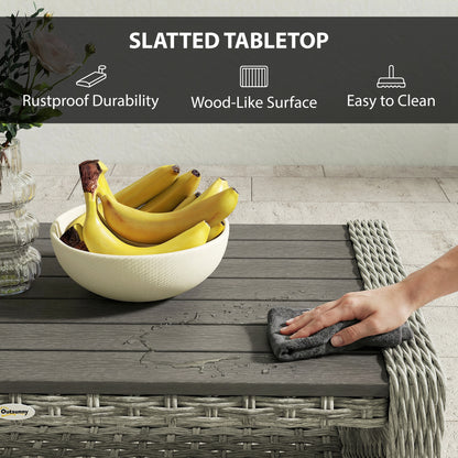 Outdoor Coffee Table with Storage Shelf, PE Rattan Side Table with Slatted Top and Foot Pads, Grey