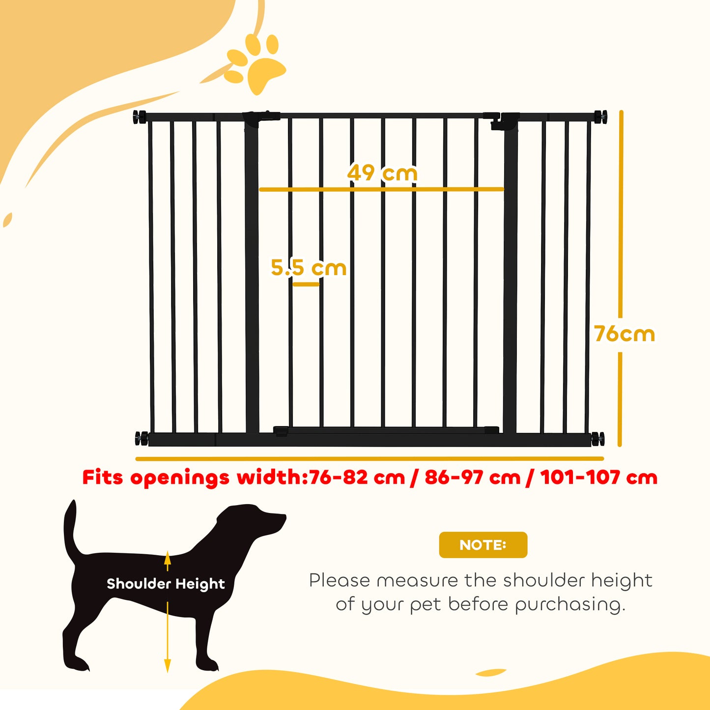 Dog Gate Pet Safety Gate Stair Barrier Pressure Mount Adjustable 76-82/86-97/101-107 cm, Black