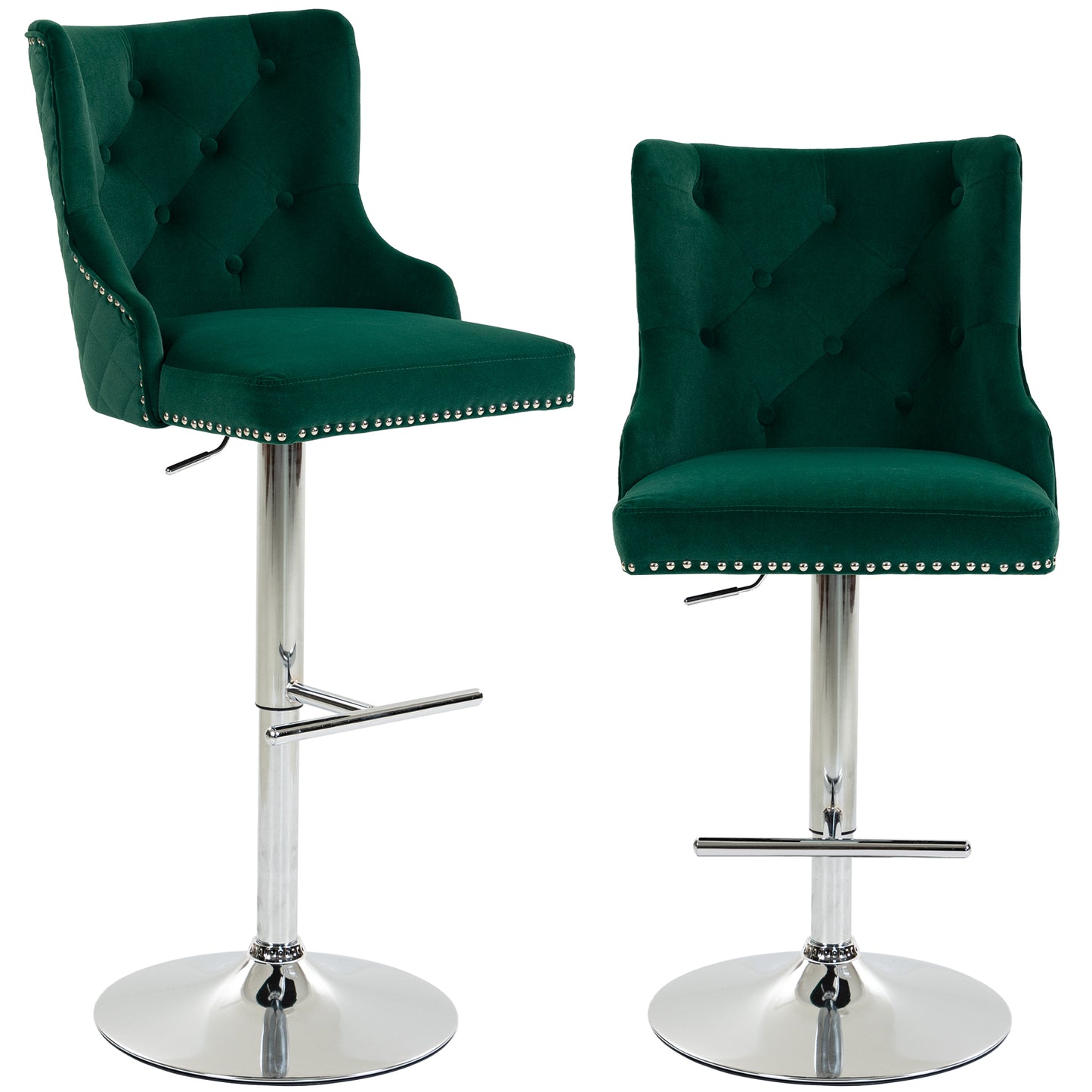 Bar Stools Set of 2, Modern Swivel & Adjustable Velvet Barstools with Button-Tufted Back, Footrest for Home Bar, Green