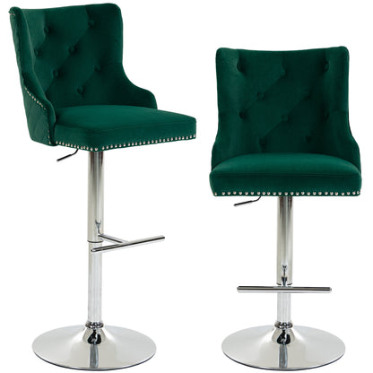 Bar Stools Set of 2, Modern Swivel & Adjustable Velvet Barstools with Button-Tufted Back, Footrest for Home Bar, Green