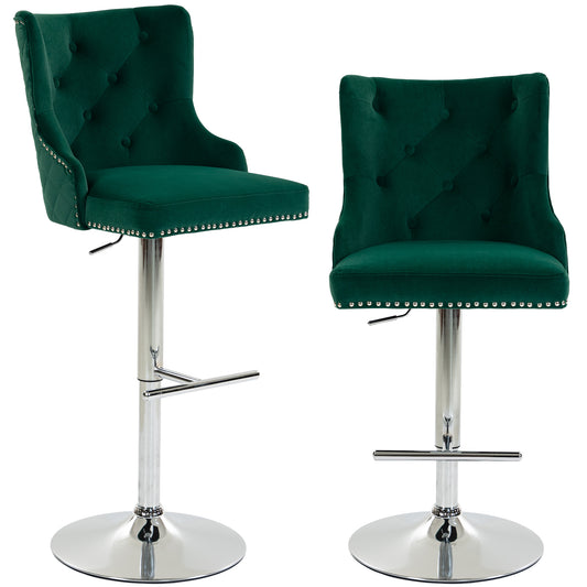 Bar Stools Set of 2, Modern Swivel & Adjustable Velvet Barstools with Button-Tufted Back, Footrest for Home Bar, Green