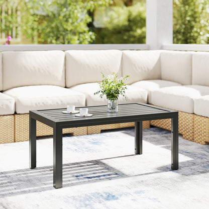 Outdoor Side Table, Rectangular Patio Coffee Side Table with Steel Frame and Slat Tabletop for Garden, Balcony, Grey