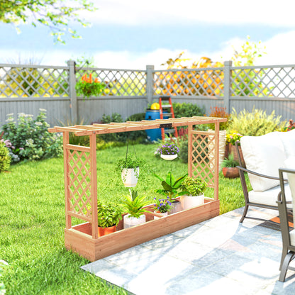 Raised Planter with Trellis, Wooden Raised Bed with Hanging Roof and Drainage Holes for Garden, Natural