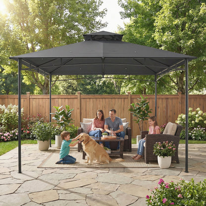 3 x 3 m Gazebo, Garden Gazebo with 2-Tier Roof, Metal Frame, Dark Grey