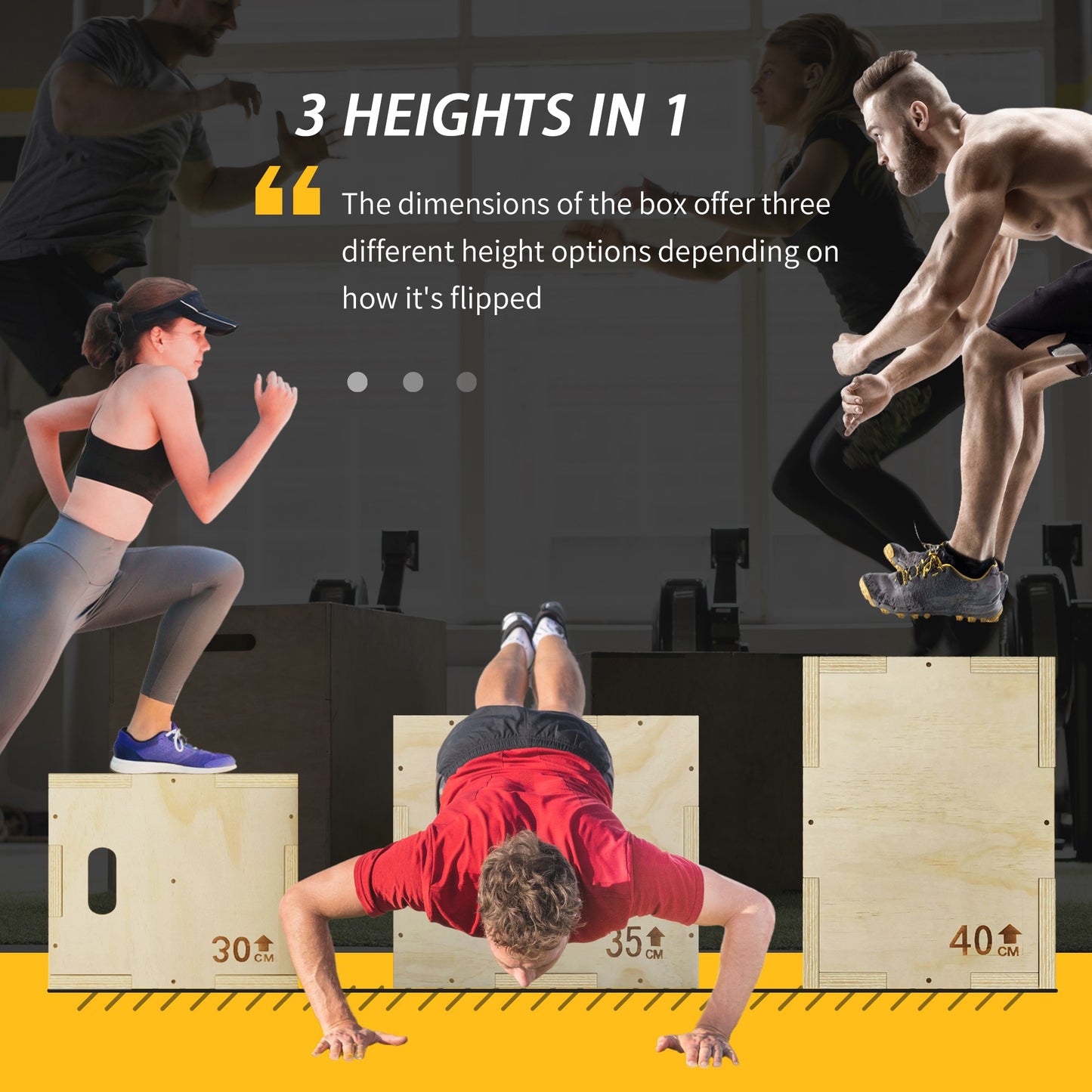 3-in-1 Wooden Plyo Box, Plyometric Jump Box with Handle Openings for Home Gym, 12" x 14" x 16", Natural