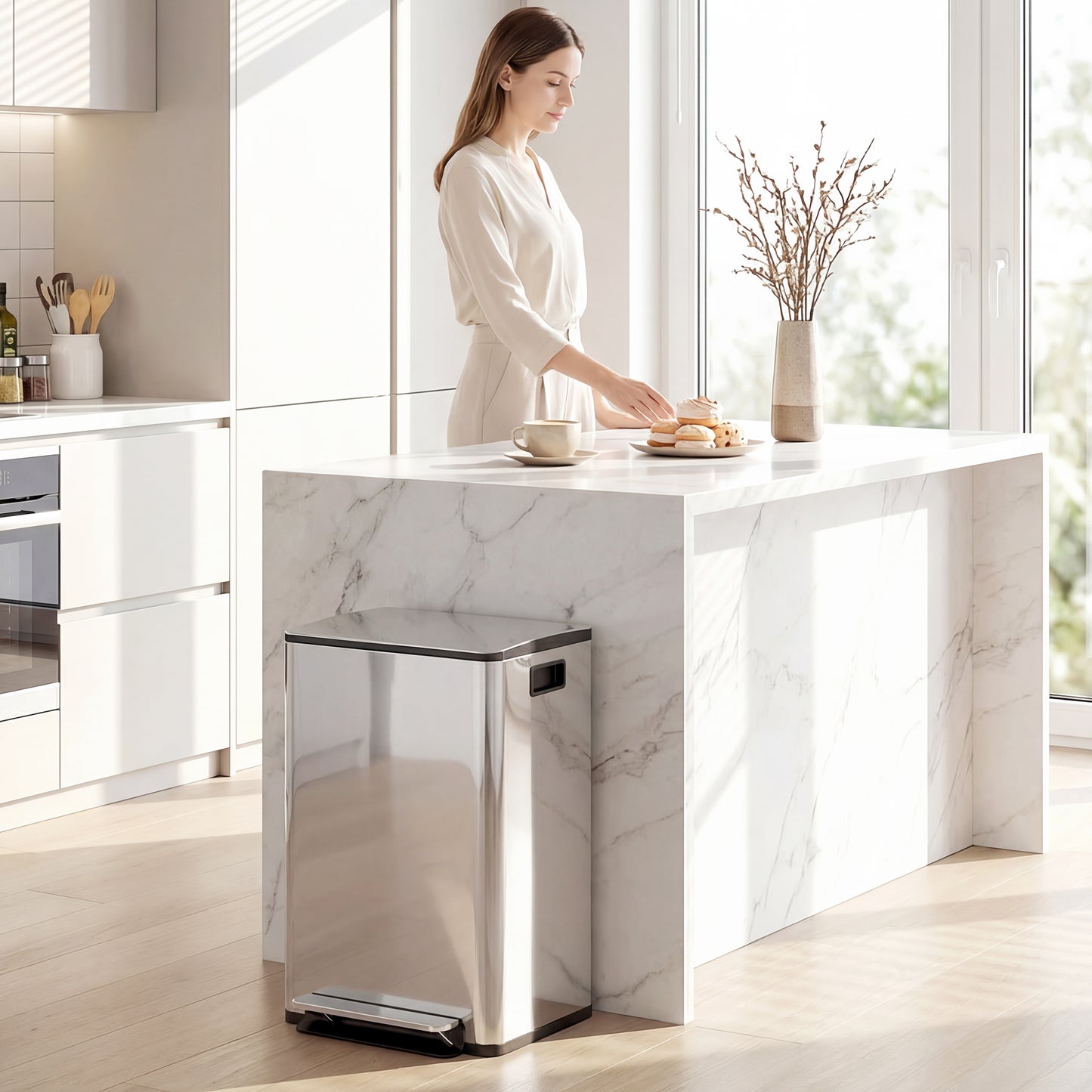 40L Dual Compartment Stainless Steel Bin, with Deodoriser Holders - Silver Tone