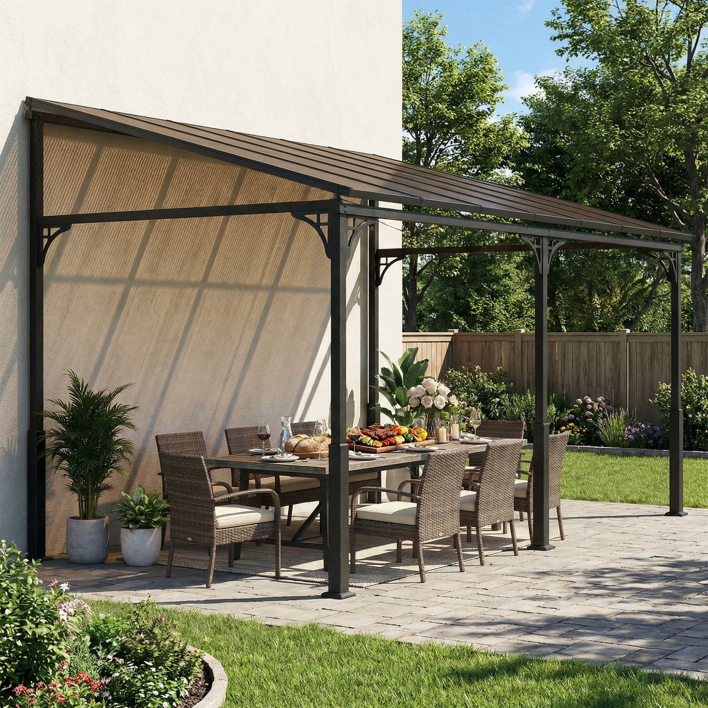 4 x 3 m Metal Lean-to Pergola, Wall-Mounted Garden Pergola with Polycarbonate Roof and Metal-Aluminium Frame