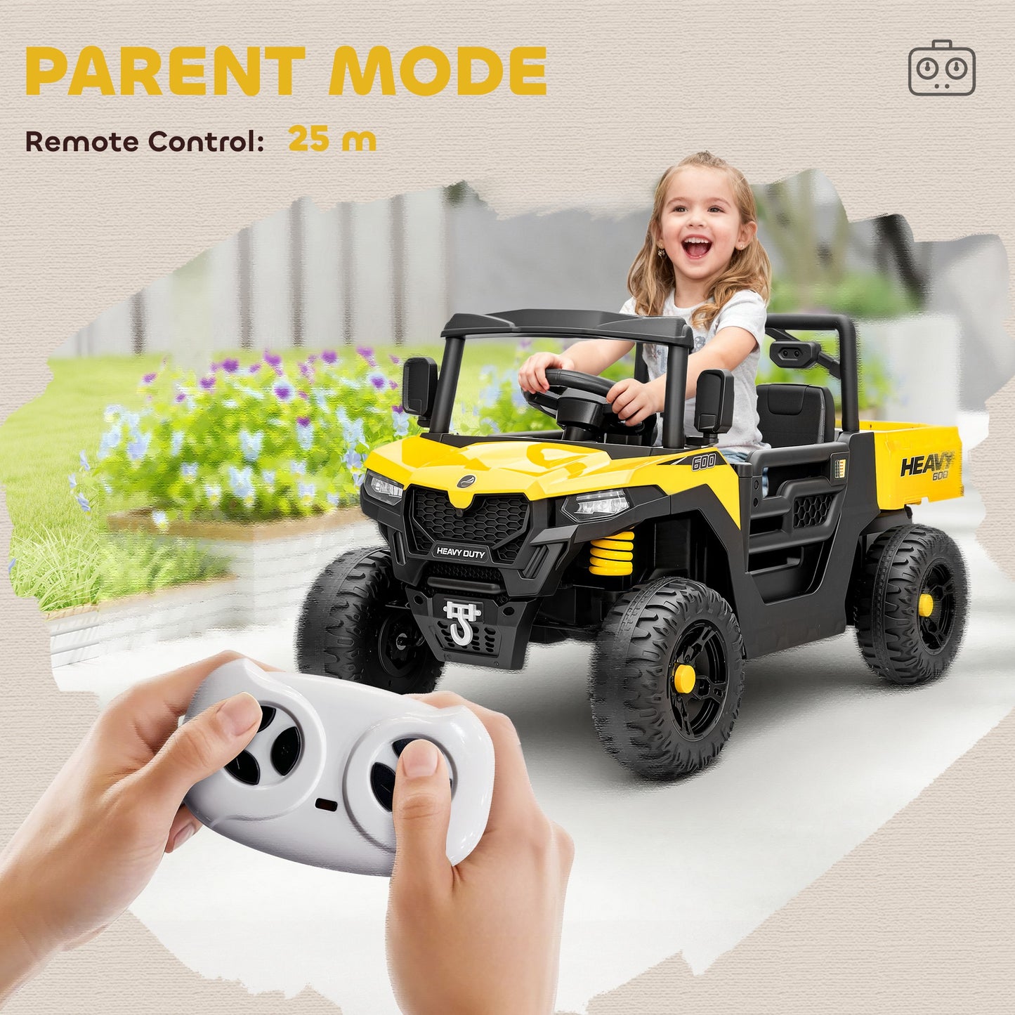 Kids Ride on Car, 12V Electric Kids UTV with Electric Dump Bed, 4-Wheel Suspension for 3-8 Years, Yellow