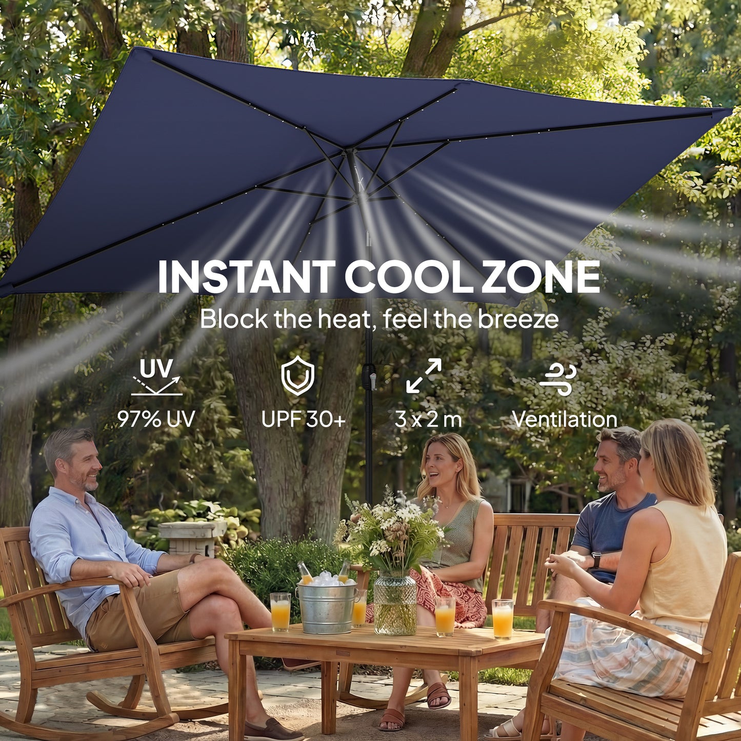 3 x 2 m Garden Parasol Umbrella with LED Solar Light, Parasol Cover, Outdoor Market Patio Umbrella, Navy Blue
