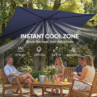 3 x 2 m Garden Parasol Umbrella with LED Solar Light, Parasol Cover, Outdoor Market Patio Umbrella, Navy Blue