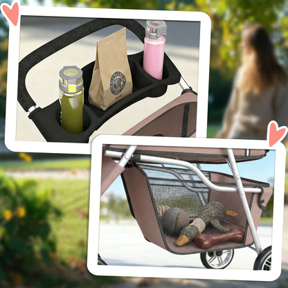 Dog Stroller, 3 Wheels Foldable Pet Stroller with Adjustable Canopy, Storage Basket for Small Mini Breeds, Coffee