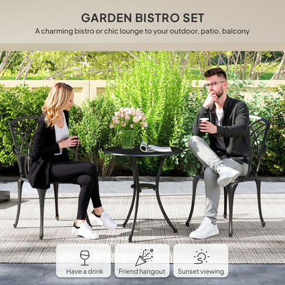 3 Pieces Garden Dining Set for 2, Cast Aluminium Outdoor Dining Set with 2 Armchairs and Round Dining Table with Parasol Hole